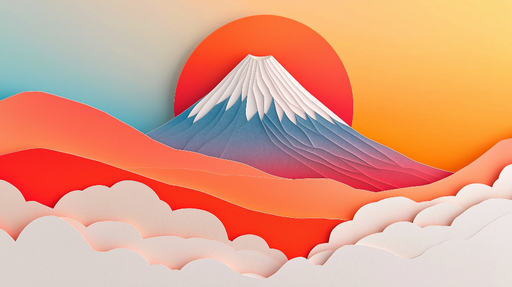 Papier peint paysage montagneux Illustration stylisée du Mont Fuji au lever du soleil