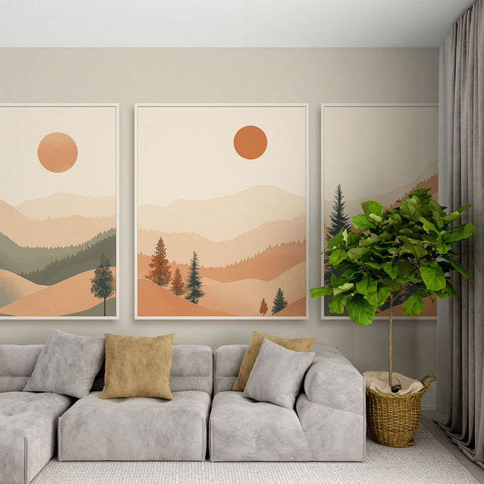Un salon moderne avec un papier peint représentant des paysages montagneux aux teintes douces de beige et d'orange, créant une atmosphère apaisante et chaleureuse.