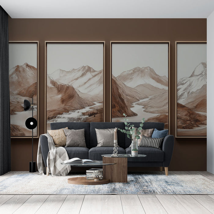 Un salon élégant avec un papier peint représentant des montagnes en nuances de brun et beige, créant une atmosphère chaleureuse et apaisante.