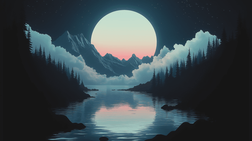 Papier peint paysage montagneux Lune illuminée au-dessus d'un lac paisible