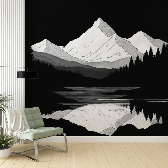 Une pièce moderne avec un papier peint monochrome représentant des montagnes stylisées et un lac, créant une atmosphère apaisante et contemplative.