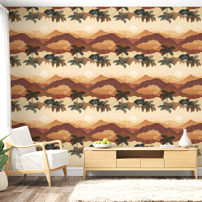 Une pièce lumineuse avec un papier peint représentant des montagnes aux teintes ocres et des palmiers, créant une atmosphère chaleureuse et naturelle.