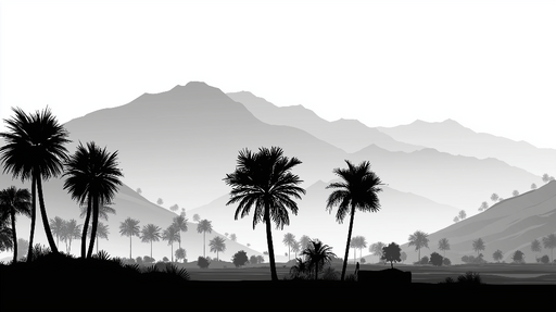 Papier peint paysage montagneux noir et blanc Silhouettes de palmiers et montagnes en dégradé gris