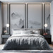 Une chambre moderne avec un papier peint en dégradé de gris représentant des montagnes et des paysages apaisants, créant une atmosphère zen et élégante.