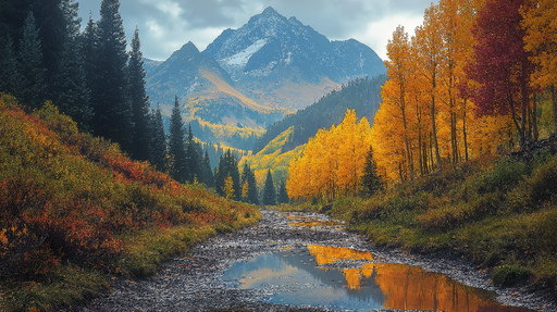 Papier peint paysage montagneux Reflet des montagnes et feuillage doré en automne