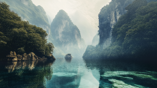 Papier peint paysage montagneux Reflets apaisants au bord d'un lac entre montagnes verdoyantes