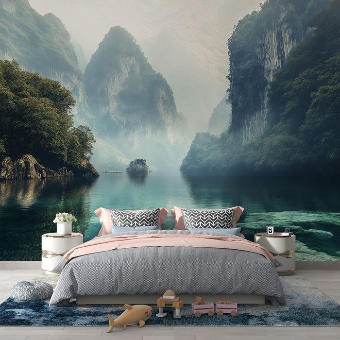 Une chambre apaisante avec un papier peint représentant un paysage montagneux brumeux au bord d'un lac, évoquant une atmosphère sereine et naturelle.
