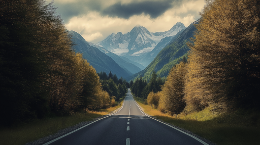 Papier peint paysage montagneux Route sereine entourée de montagnes majestueuses et d'arbres dorés