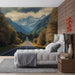 Une chambre moderne avec un papier peint représentant une route sinueuse traversant des montagnes majestueuses, créant une ambiance apaisante et inspirante.