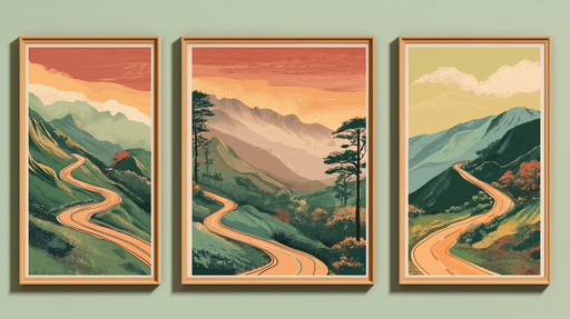 Papier peint paysage montagneux Route sinueuse au coucher de soleil