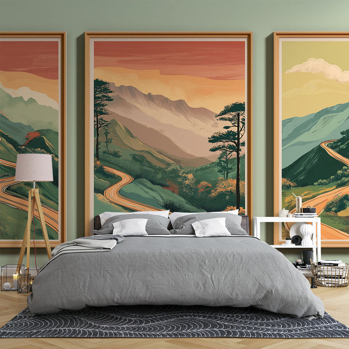 Papier peint paysage montagneux | Route sinueuse au coucher de soleil