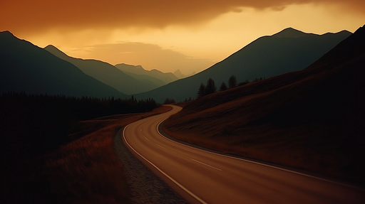 Papier peint paysage montagneux Route sinueuse au coucher de soleil