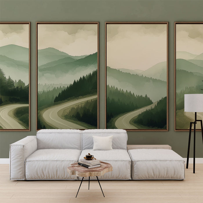 Un salon moderne avec un papier peint représentant des paysages de montagnes en dégradés de verts et de bruns, créant une atmosphère apaisante et naturelle.