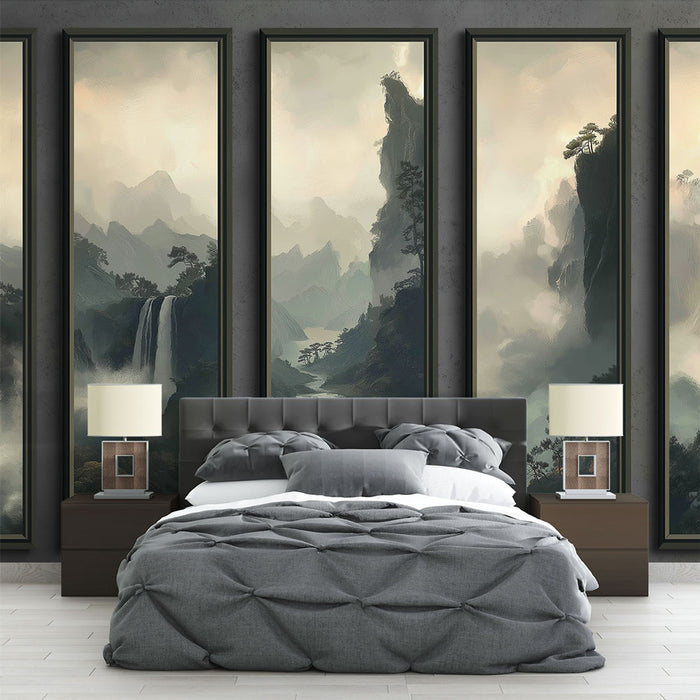 Papier peint paysage montagneux | Scène de montagnes brumeuses avec cascades majestueuses