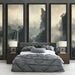 Une chambre moderne avec un papier peint représentant des paysages montagneux brumeux en nuances de gris et de vert, créant une atmosphère apaisante et contemplative.