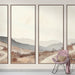 Une pièce moderne avec un papier peint représentant des paysages montagneux aux teintes douces et terreuses, créant une atmosphère apaisante et naturelle.