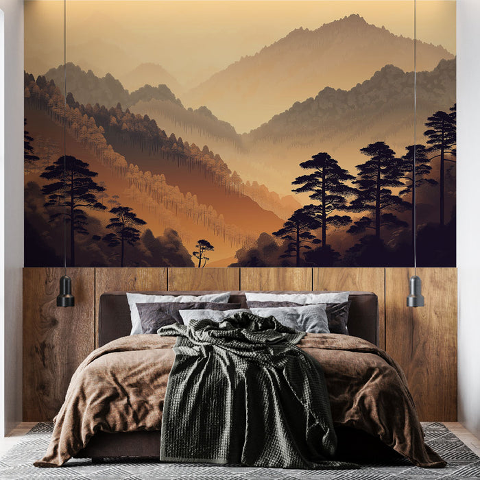 Une chambre élégante avec un papier peint représentant des montagnes en dégradé de couleurs chaudes, créant une atmosphère apaisante et naturelle.