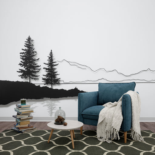 Une pièce moderne avec un papier peint représentant des silhouettes d'arbres noirs et des montagnes stylisées, créant une ambiance apaisante et naturelle.