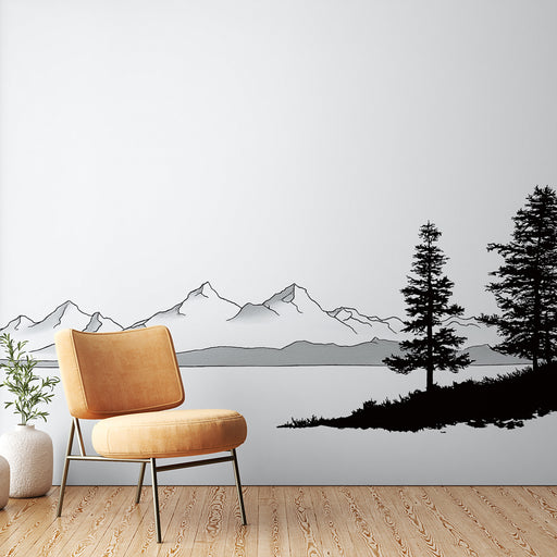 Une pièce moderne avec un papier peint représentant un paysage montagneux en noir et blanc, créant une atmosphère apaisante et minimaliste.