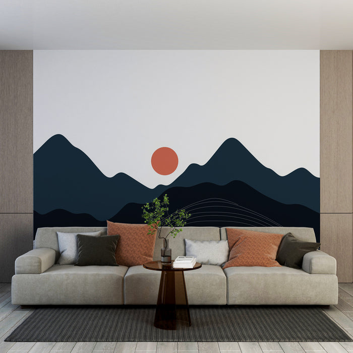 Papier peint paysage montagneux | Silhouettes de montagnes sombres avec un soleil stylisé
