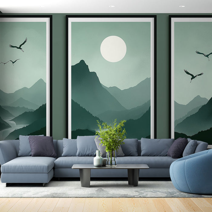 Un salon moderne avec un papier peint représentant des montagnes verdoyantes sous un ciel apaisant, créant une atmosphère sereine et naturelle.