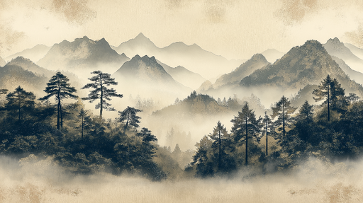 Papier peint paysage montagneux Sublime panorama de montagnes brumeuses avec des arbres élégants