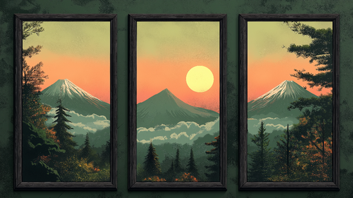 Papier peint paysage montagneux Trilogie de montagnes au coucher de soleil