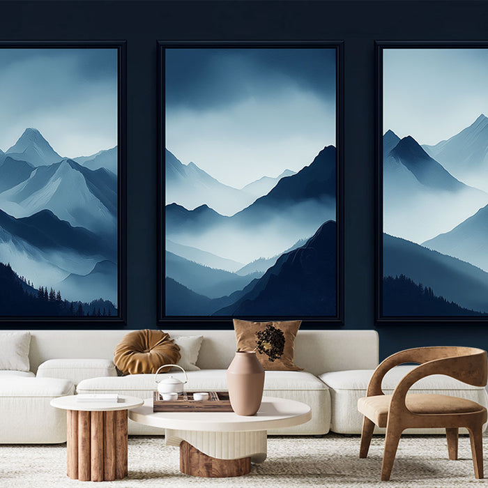 Un salon élégant avec un papier peint représentant des montagnes en dégradés de bleu, créant une atmosphère apaisante et contemplative.
