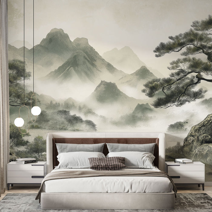 Une chambre apaisante avec un papier peint représentant des montagnes brumeuses en nuances de vert et de gris, créant une atmosphère sereine et contemplative.