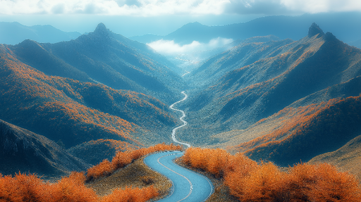 Papier peint paysage montagneux Vallée sinueuse entourée d'arbres dorés