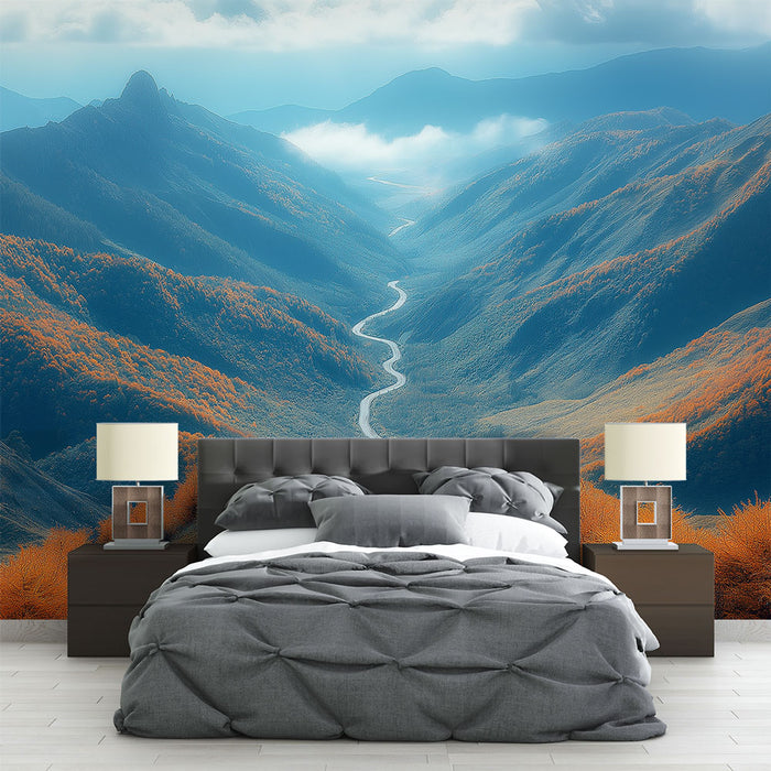 Une chambre moderne avec un papier peint représentant des montagnes majestueuses aux teintes bleues et orangées, créant une atmosphère apaisante et naturelle.