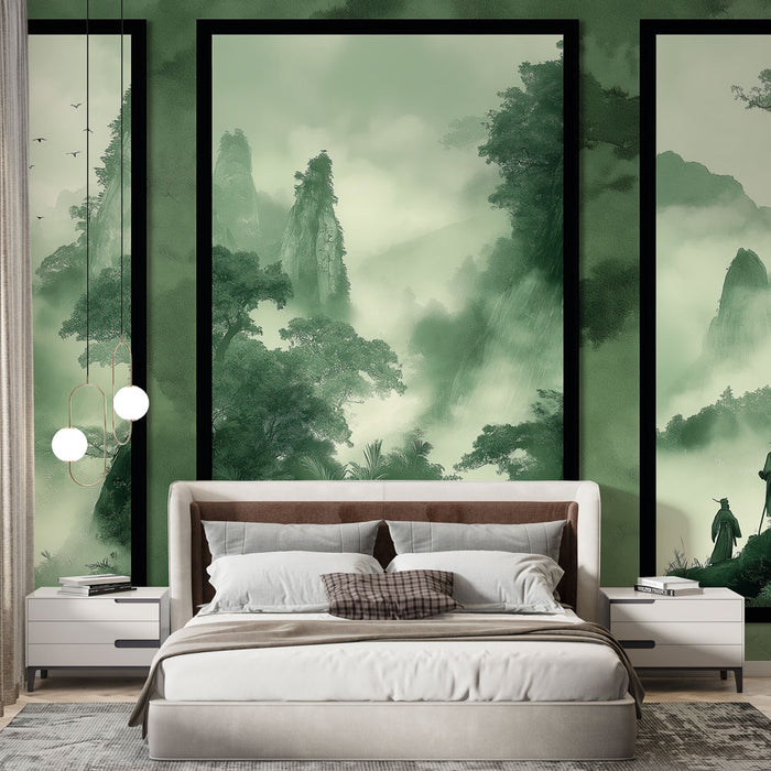 Une chambre élégante avec un papier peint représentant des paysages montagneux brumeux en nuances de vert, créant une atmosphère apaisante et contemplative.
