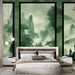 Une chambre élégante avec un papier peint représentant des paysages montagneux brumeux en nuances de vert, créant une atmosphère apaisante et contemplative.