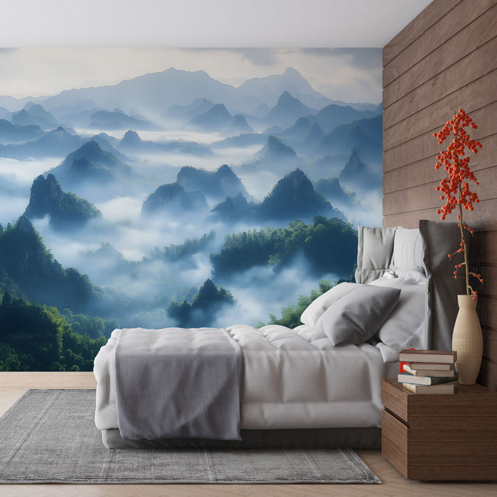 Papier peint paysage montagneux avec vue aérienne de montagnes embrumées pour chambre moderne