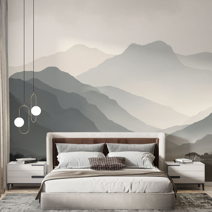 Une chambre moderne avec un papier peint représentant des montagnes en dégradés de gris, créant une atmosphère apaisante et minimaliste.