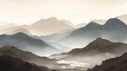 Papier peint paysage montagneux Vue panoramique de montagnes brumeuses aux teintes douces