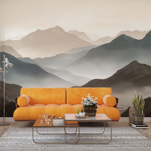 Une pièce moderne avec un papier peint représentant des montagnes en dégradés de gris et beige, créant une atmosphère apaisante et naturelle.