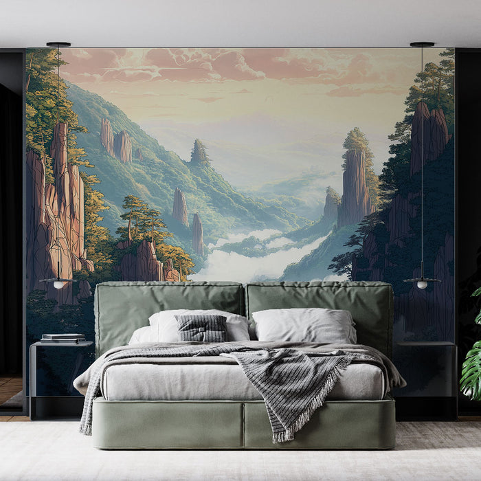 Papier peint paysage montagneux avec vue panoramique de montagnes enveloppées de brume pour chambre moderne