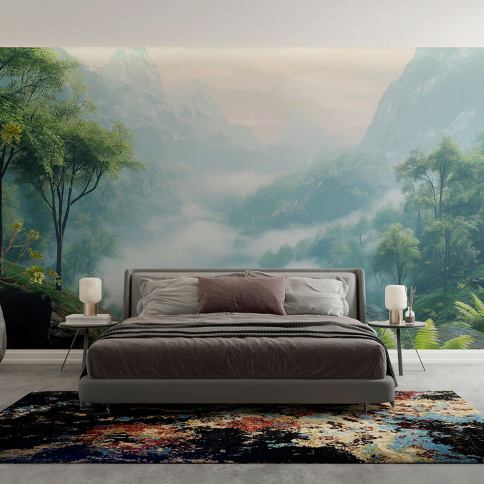 Papier peint paysage montagneux avec vue panoramique sur des montagnes brumeuses et une vallée verdoyante pour chambre moderne.