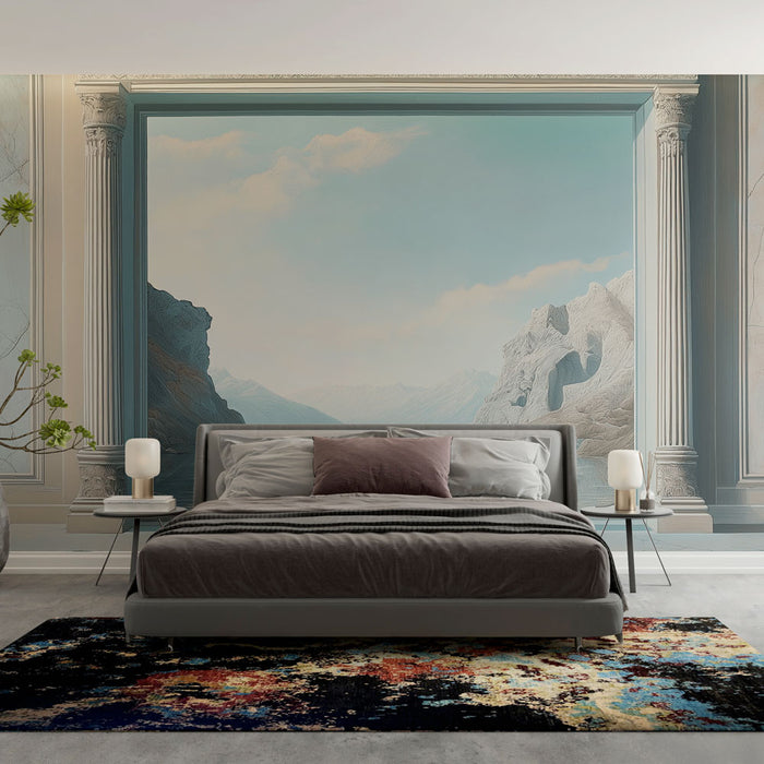 Une chambre élégante avec un papier peint mural représentant un paysage montagneux aux teintes douces et apaisantes, créant une atmosphère sereine et raffinée.