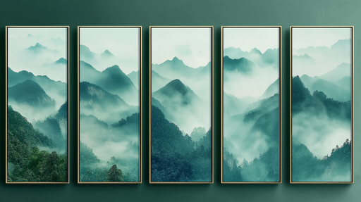 Papier peint paysage montagneux Vues brumeuses des montagnes en teintes vertes et bleues