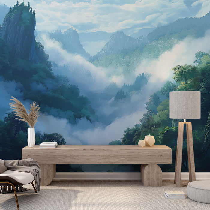 Papier peint paysage montagneux avec vues brumeuses sur une vallée verdoyante pour salon moderne