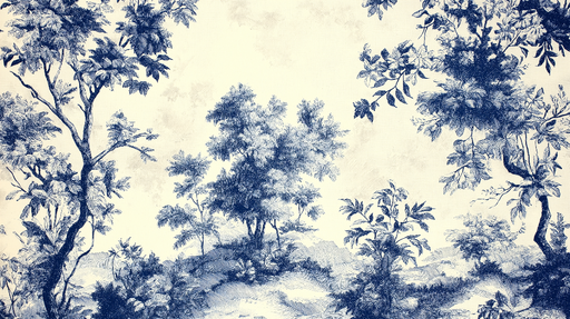 Papier peint paysage Motif Naturel en Indigo et Blanc