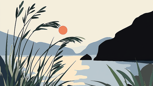 Papier peint paysage Motif stylisé de paysage au coucher de soleil