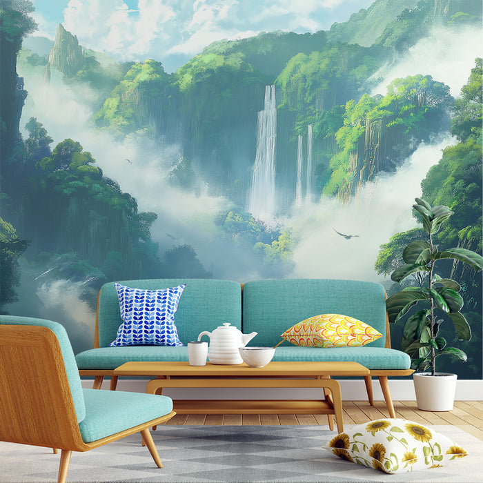 Papier peint paysage mystique avec cascade impressionnante entourée de brouillard et de végétation luxuriante pour salon moderne.