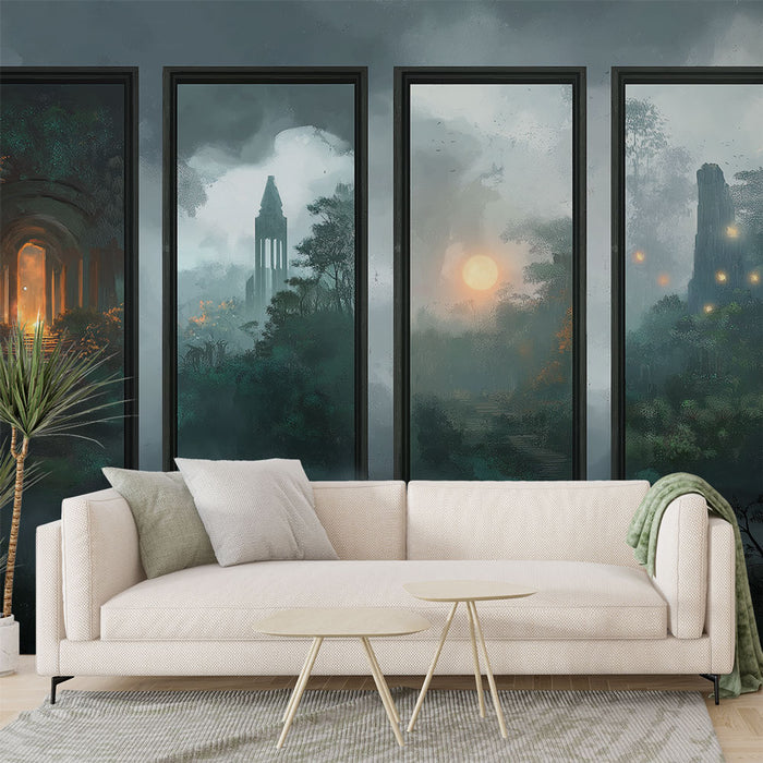 Un salon contemporain avec un papier peint représentant des paysages mystiques, mêlant des teintes sombres et des touches de lumière dorée, créant une atmosphère énigmatique et apaisante.