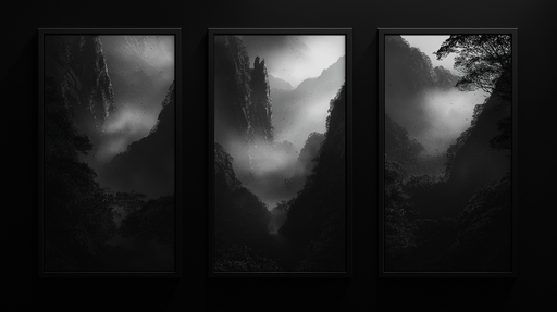 Papier peint paysage mystique Vues monochromes de vallées brumeuses