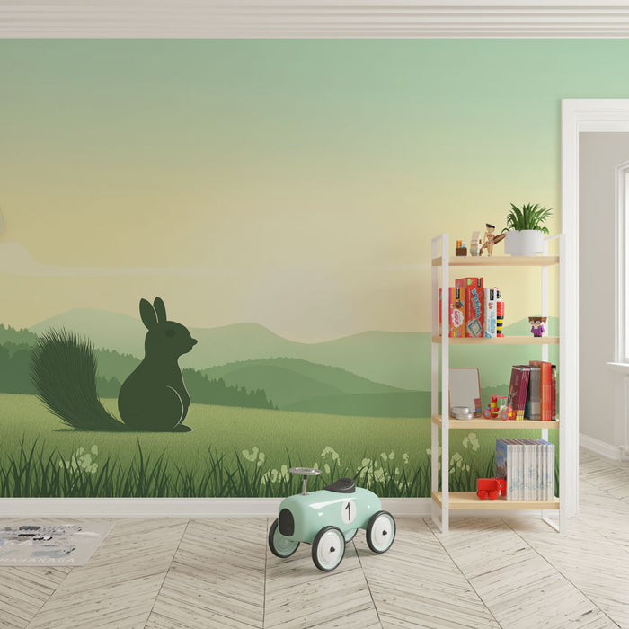 Papier peint paysage nature | Silhouette d'écureuil dans un champ verdoyant au lever du soleil