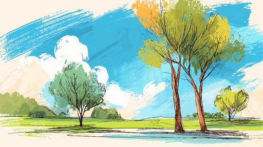 Papier peint paysage naturel Arbres et ciel bleu stylisé