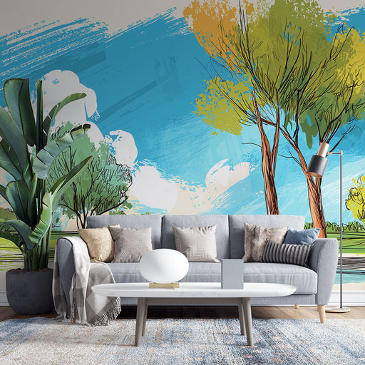 Un salon lumineux avec un papier peint artistique représentant un paysage naturel aux teintes vives de bleu, vert et jaune, créant une atmosphère apaisante et rafraîchissante.
